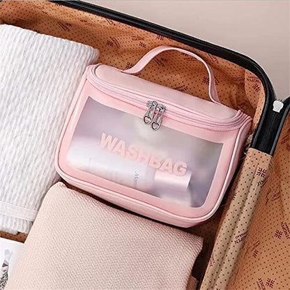 Multi-Functional Large Makeup Pouch For Women | Waterproof Pvc Cosmetic Bags With Hook For Girls - Pink (Sale)