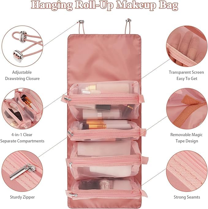 Roll Up Makeup Hanging Bag with 4 Detachable Compartments (Pink)