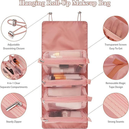 Roll Up Makeup Hanging Bag with 4 Detachable Compartments (Pink)