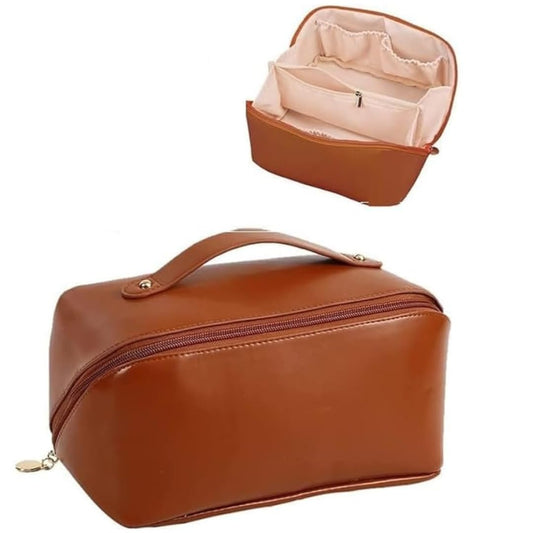 Womens Large Capacity Cosmetic Bag with Wide Opening, Dividers With Handle (Cross Open, Brown)