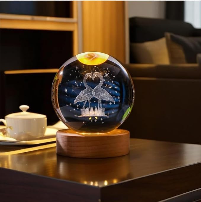 Flamingo crystal ball night lamp — 6 cm K9 crystal ball on a 6 cm wooden LED base