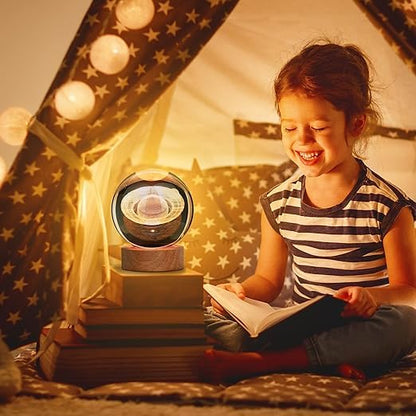 3D Saturn Crystal Ball Lamp with USB Powered 3.15 Inch LED Wooden Base, Perfect for Gifts