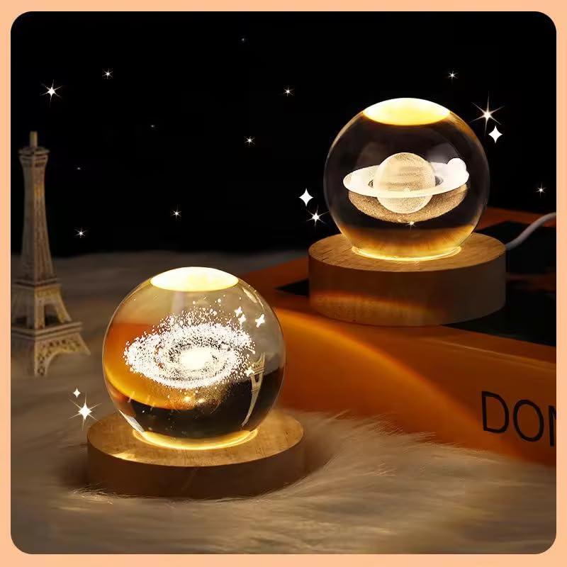 3D Saturn Crystal Ball Lamp with USB Powered 3.15 Inch LED Wooden Base, Perfect for Gifts