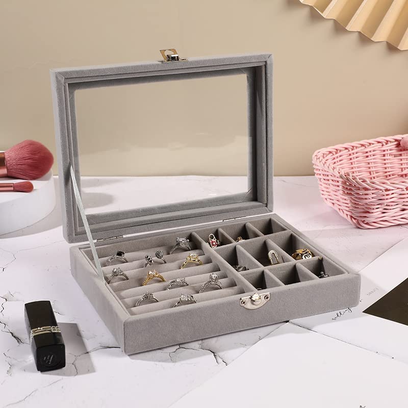Velvet Jewellery Box Organiser with lock & display 9 Grids