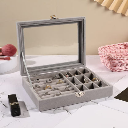 Velvet Jewellery Box Organiser with lock & display 9 Grids