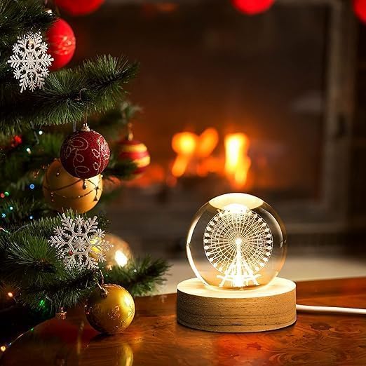 3D laser-engraved crystal ball night lamp on a warm white LED wooden base