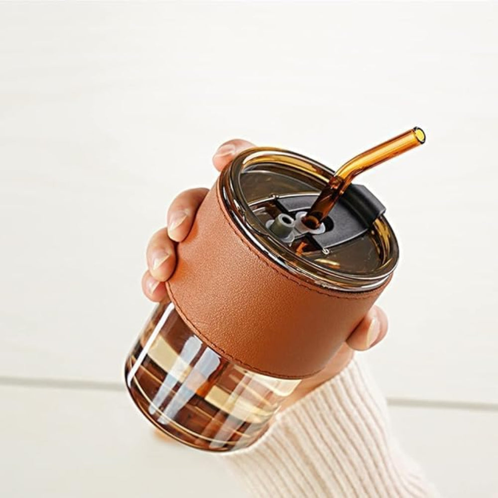 Glass Coffee Sipper Mug with Straw, 400 ml