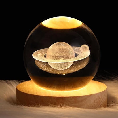 3D Moon Crystal Night Lamp with Warm White Dimmable LED Wooden Base