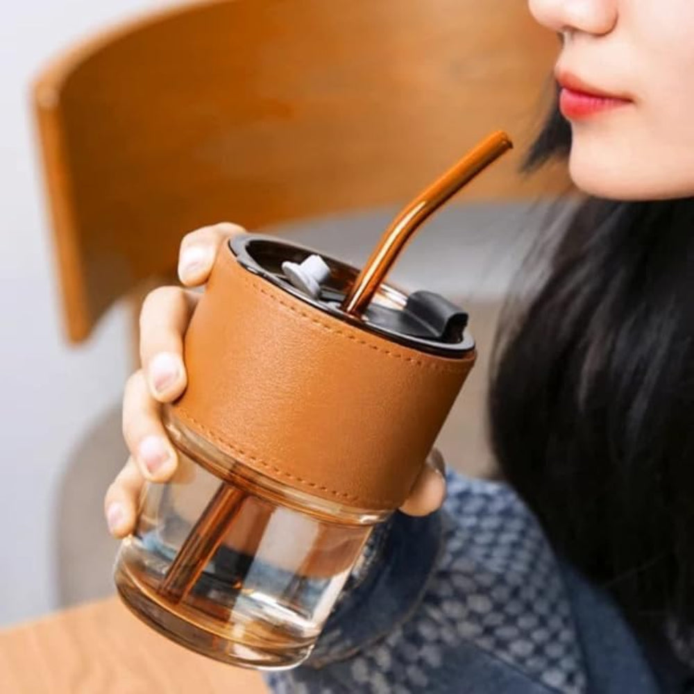 Glass Coffee Sipper Mugs with Straw and Lid Sealed with Leather Sleeve (Brown, 400ml)