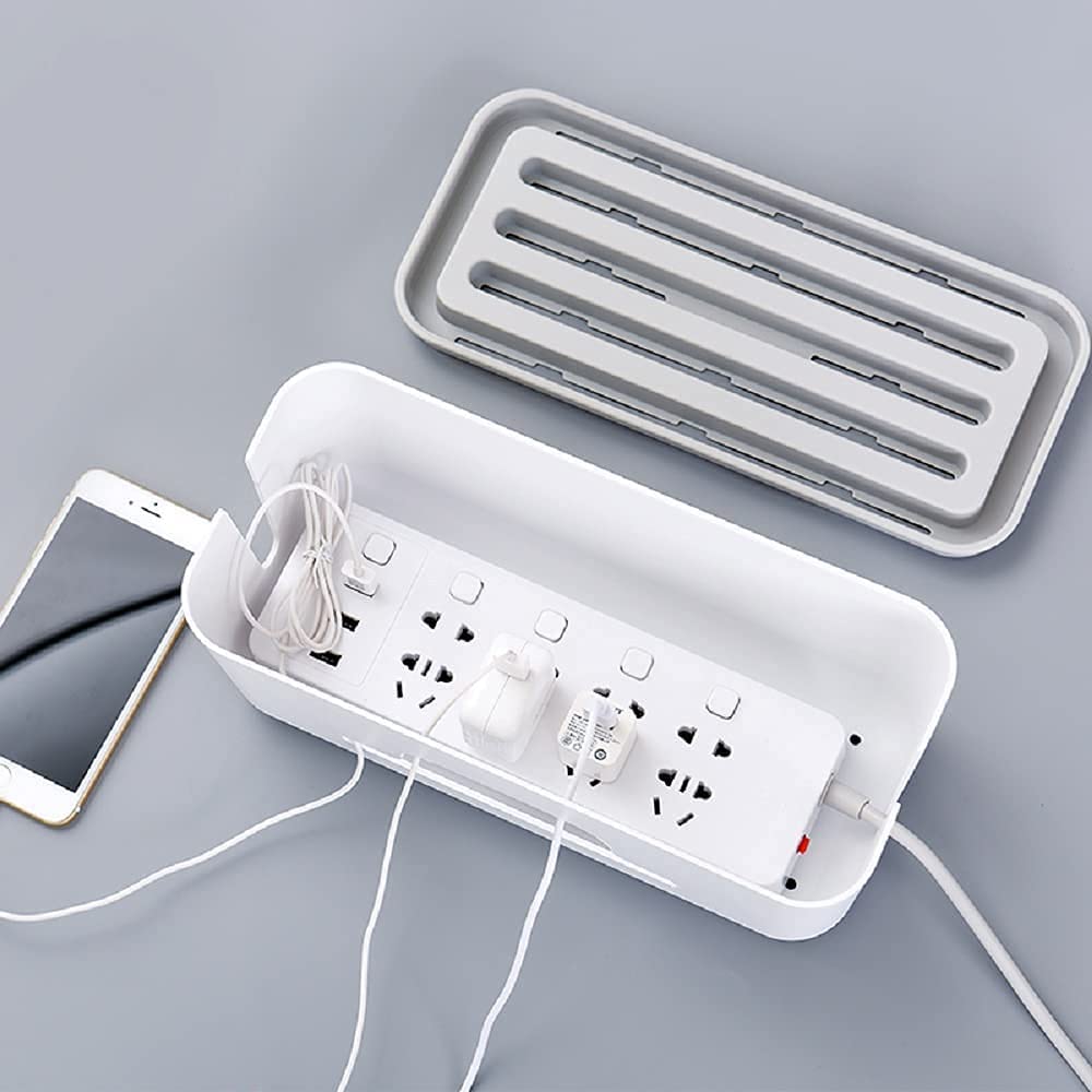 Cable Management Box with Mobile Stand - Power Strip, Cords, Wires | Surge Protector Hiding Cover Organizer for Home, Office (White)