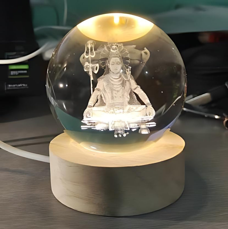 Lord Shiva crystal ball night lamp showing Lord Shiva in meditation laser-engraved inside the crystal