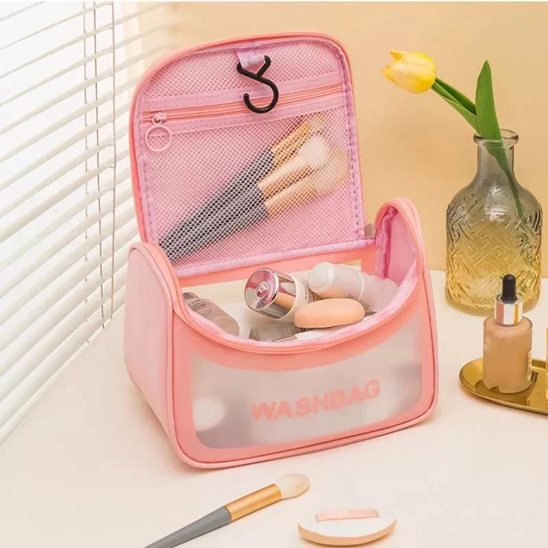 Multi-Functional Large Makeup Pouch For Women | Waterproof Pvc Cosmetic Bags With Hook For Girls - Pink (Sale)