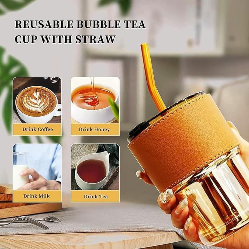 Glass Coffee Sipper Mugs with Straw and Lid Sealed with Leather Sleeve (Brown, 400ml)
