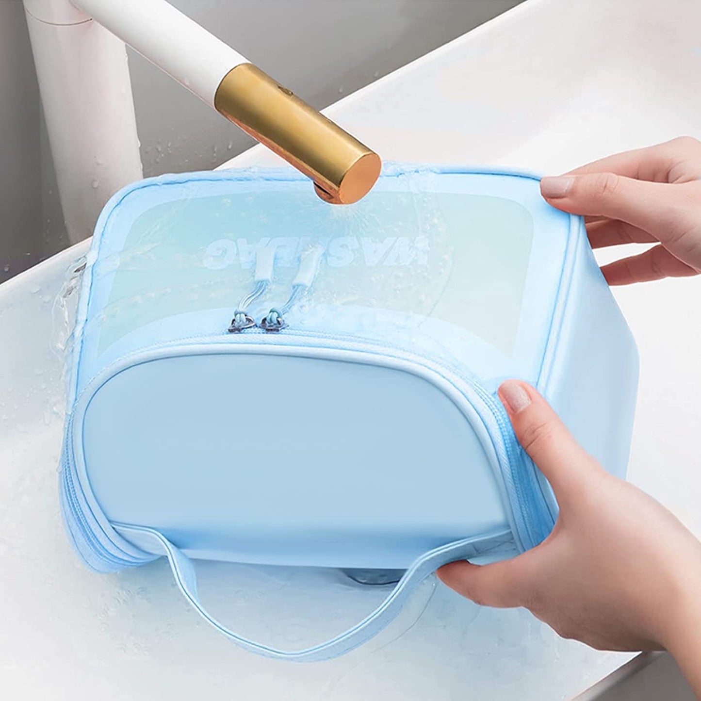 Multi-Functional Large Makeup Pouch For Women | Waterproof Pvc Cosmetic Bags With Hook For Girls - Blue (Sale)