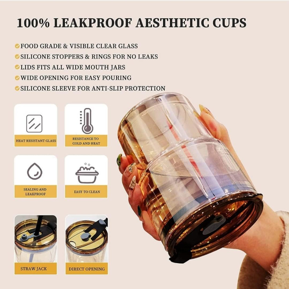 Glass Coffee Sipper Mugs with Straw and Lid Sealed with Leather Sleeve (Brown, 400ml)