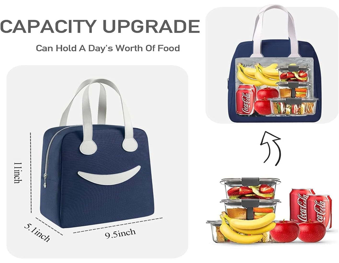 Smiley Lunch Bags for School, Office, Travel with Aluminum Lining, Leakproof | Navy Blue