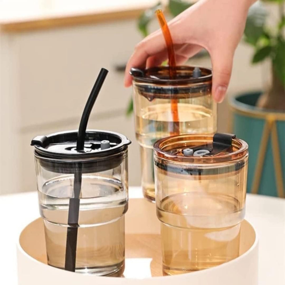 Glass Coffee Sipper Mugs with Straw and Lid Sealed with Leather Sleeve (Brown, 400ml)