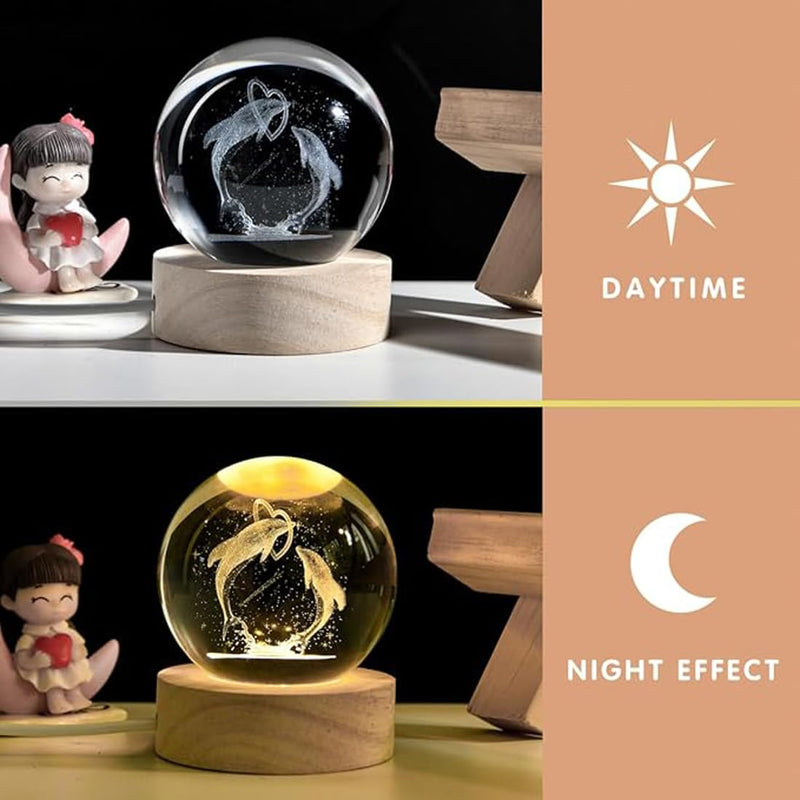 3D laser-engraved crystal ball night lamp on a warm white LED wooden base