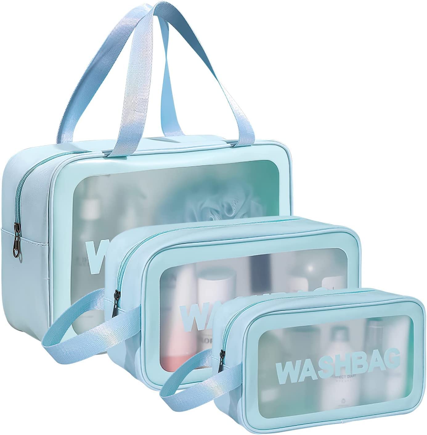 Make up & Toiletry Bags for Cosmetics, Brushes, Accessories Set of 3 - (Blue)