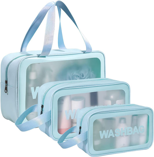 Make up & Toiletry Bags for Cosmetics, Brushes, Accessories Set of 3 - (Blue)
