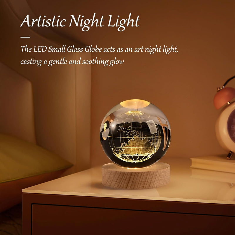 Earth crystal ball night lamp showing the Earth's continents and oceans laser-engraved inside the crystal