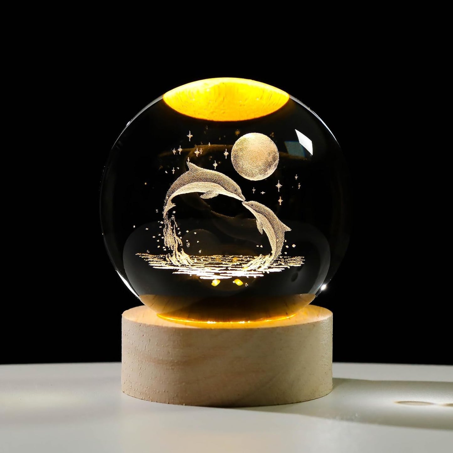 3D Moon Crystal Night Lamp with Warm White Dimmable LED Wooden Base