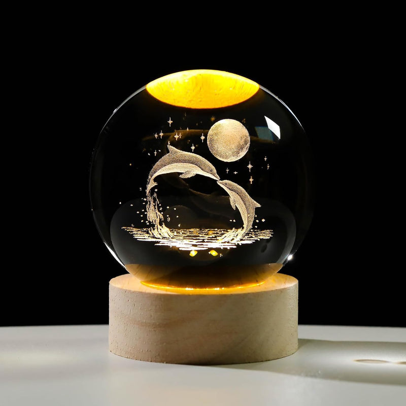 Houme crystal ball night lamps — warm white LED night lights on wooden bases
