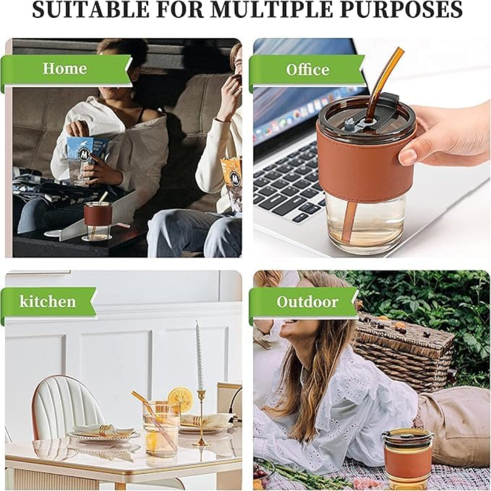 Glass Coffee Sipper Mugs with Straw and Lid Sealed with Leather Sleeve (Brown, 400ml)