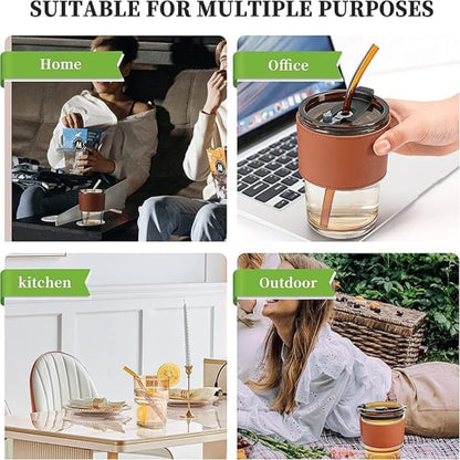 Glass Coffee Sipper Mugs with Straw and Lid Sealed with Leather Sleeve (Brown, 400ml)