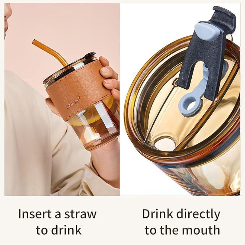 Glass Coffee Sipper Mugs with Straw and Lid Sealed with Leather Sleeve (Brown, 400ml)
