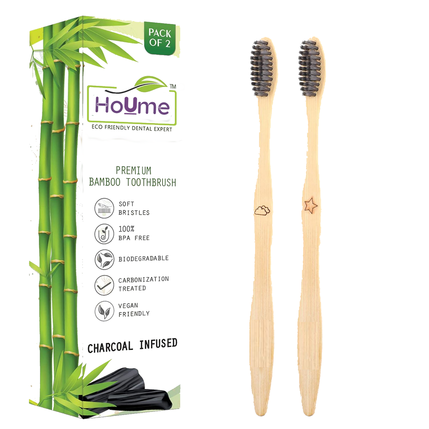 Eco Friendly Bamboo Brush For Adults, Charcoal Soft Bristle, Pack of 6
