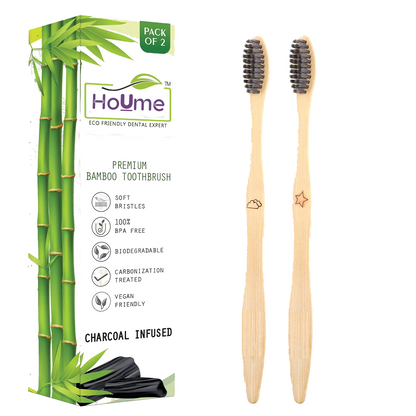 Eco Friendly Bamboo Brush For Adults, Charcoal Soft Bristle, Pack of 6