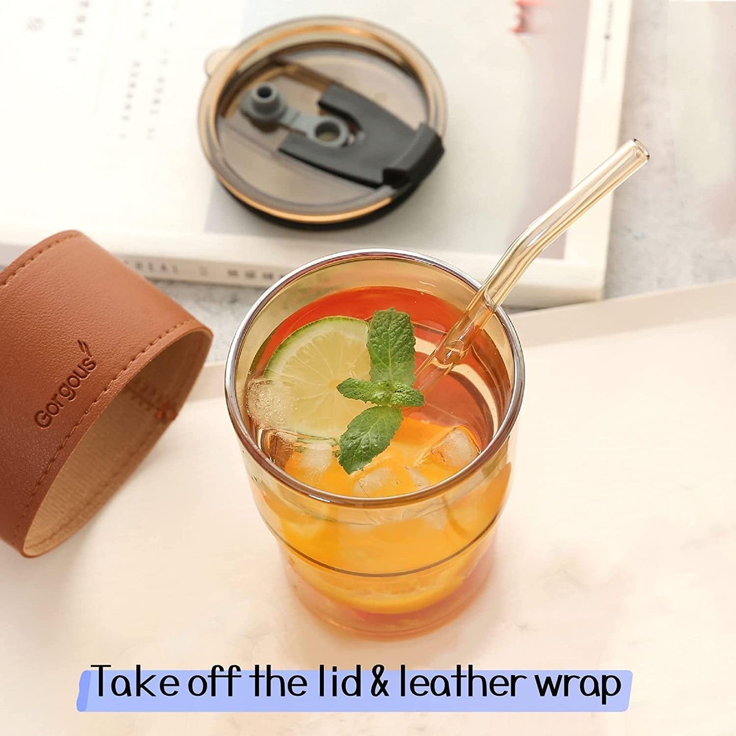 Glass Coffee Sipper Mugs with Straw and Lid Sealed with Leather Sleeve (Brown, 400ml)