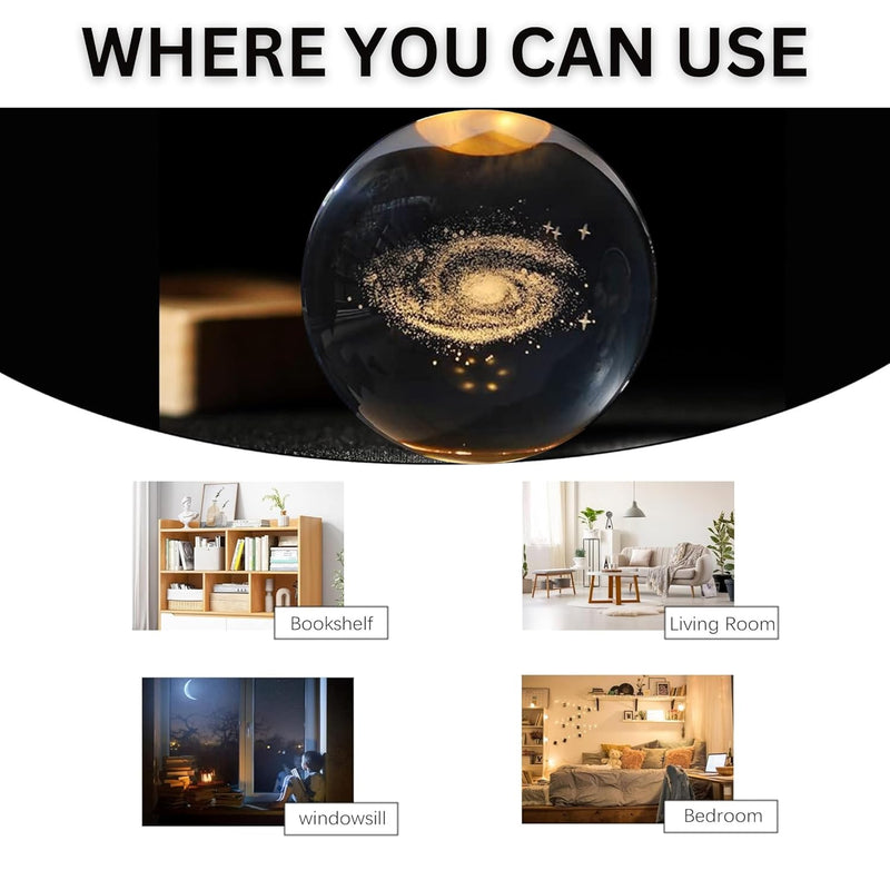 Galaxy crystal ball night lamp — 6 cm K9 crystal ball on a 6 cm wooden LED base