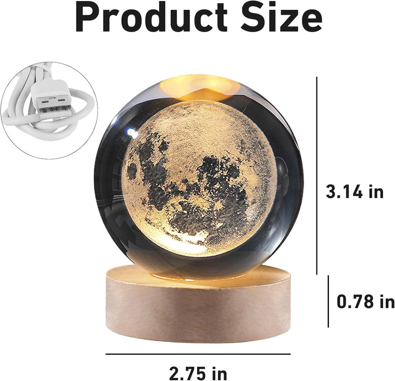 Moon crystal ball night lamp showing the moon's craters and dark seas laser-engraved inside the crystal