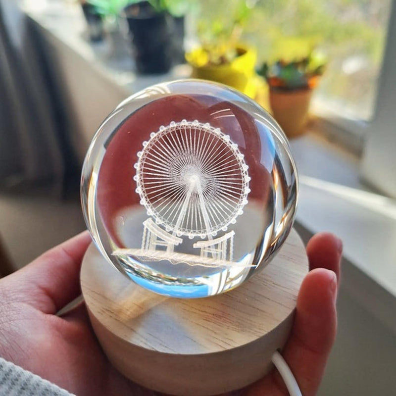 Ferris Wheel crystal ball night lamp showing a ferris wheel engraved spoke by spoke laser-engraved inside the crystal