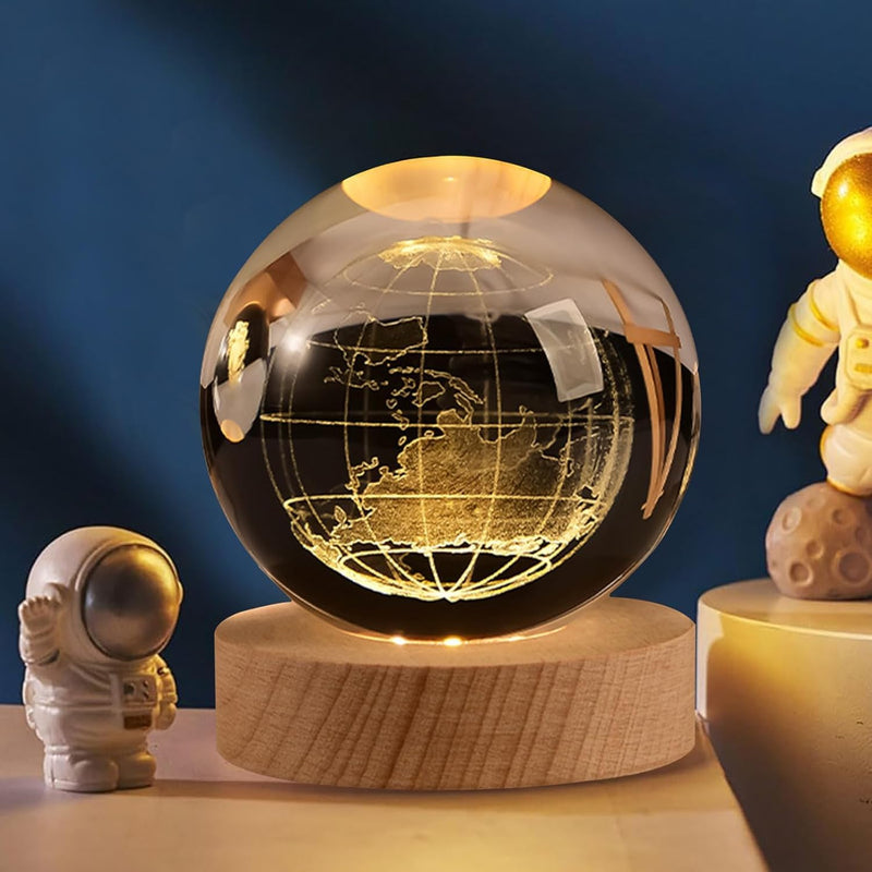 Earth crystal ball night lamp with the Earth's continents and oceans engraved in 3D