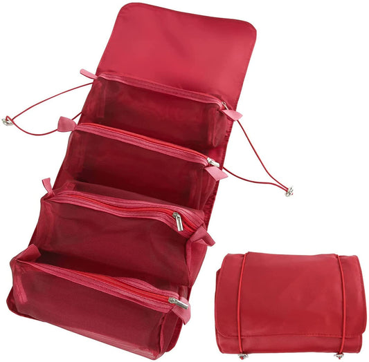 Foldable Make up Pouch for Makeup Accessories, Storage Bag for Cosmetics (Dark Red)