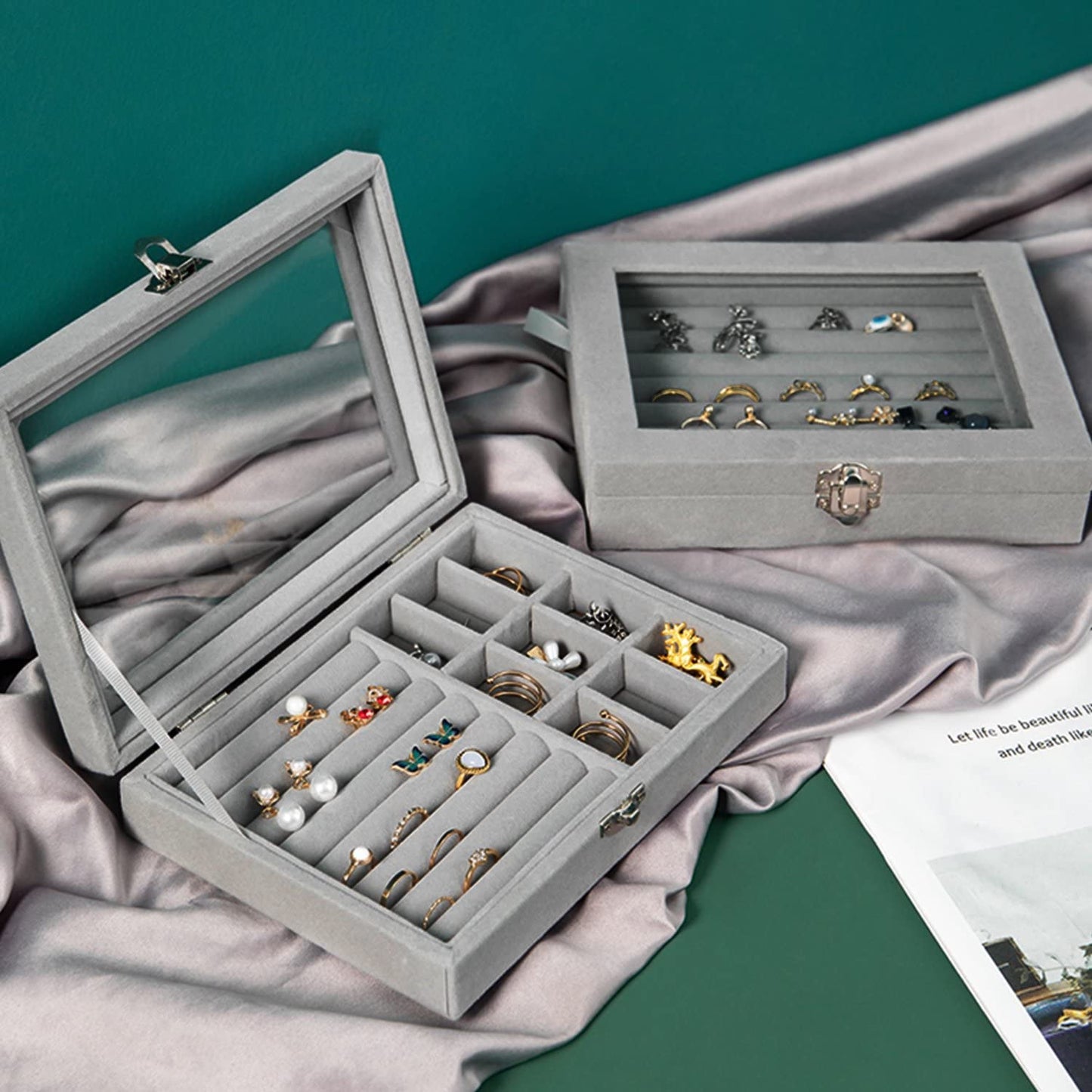 Velvet Jewellery Box Organiser with lock & display 9 Grids