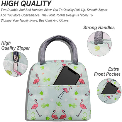 Insulated Lunch Bags For Office, School | Reusable (Green + Pink Flamingo)