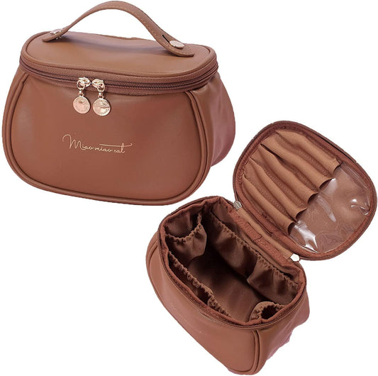 Makeup Bag, Portable Cosmetic Bag, Large Capacity for Girls & Women (Brown)