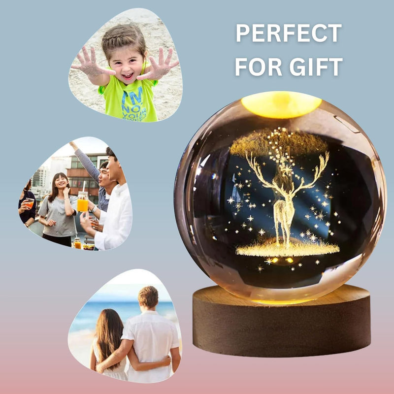 Deer crystal ball night lamp — 6 cm K9 crystal ball on a 6 cm wooden LED base