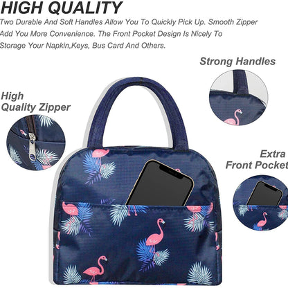 Navy Blue Flamingo Insulated Lunch Bag | Portable and Reusable (Full Print)
