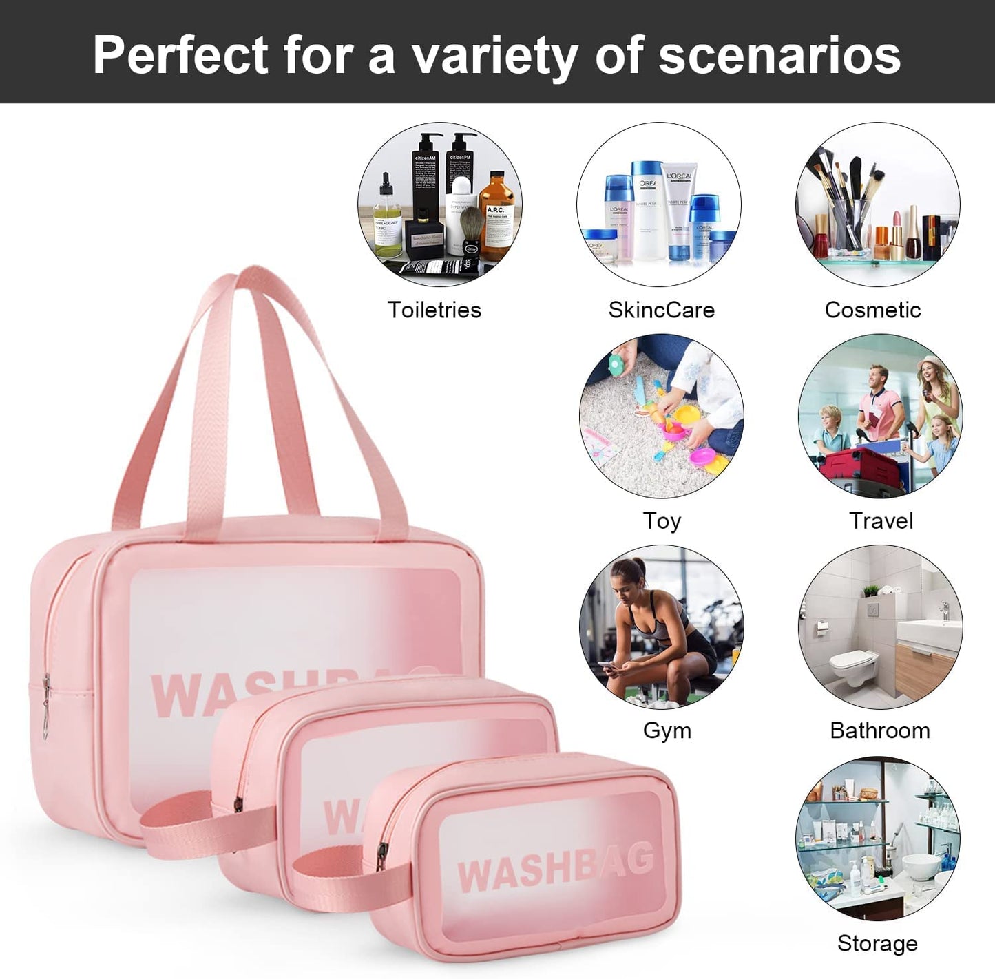 Make up & Toiletry Bags for Cosmetics, Brushes, Accessories Set of 3 - (Pink)