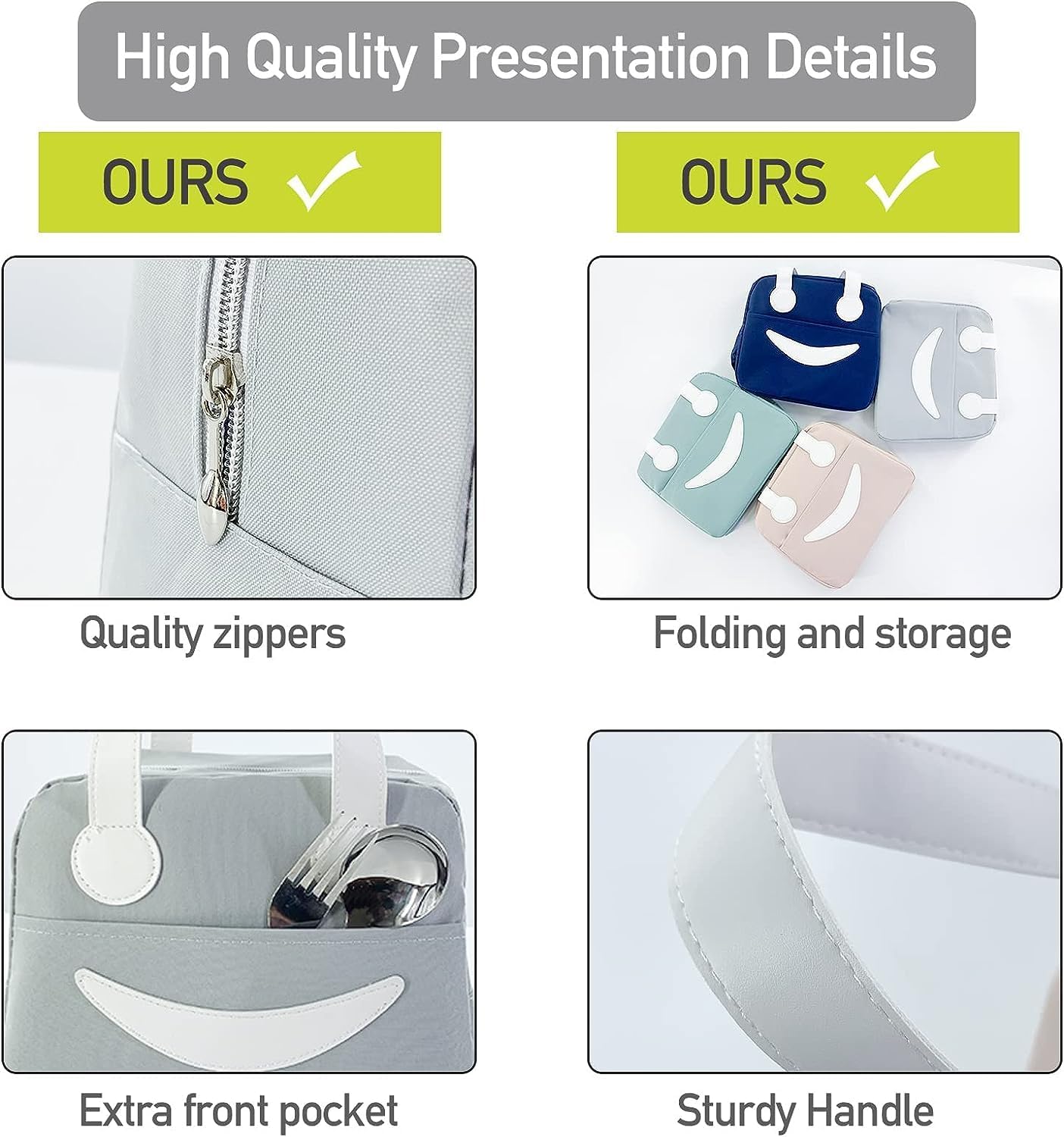 Smiley Lunch Bags for School, Office, Travel with Aluminum Lining, Leakproof | Green