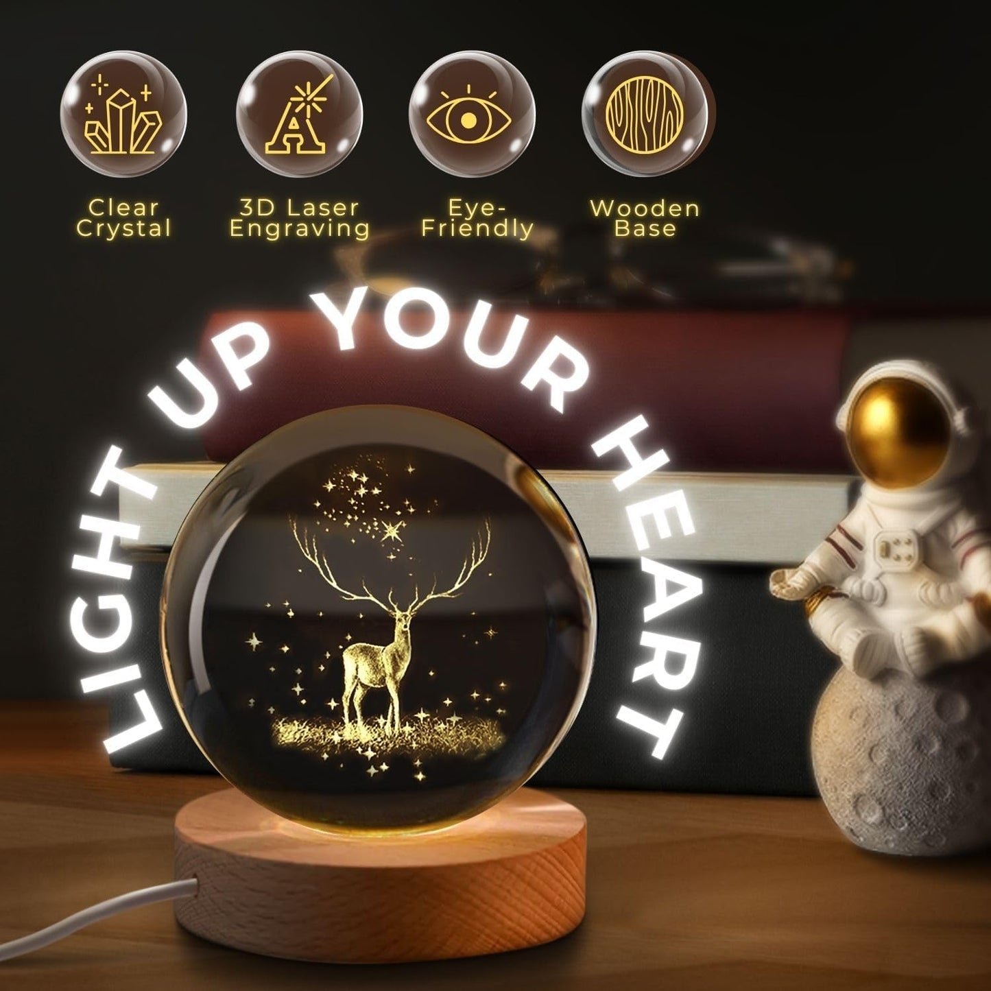 3D Deer Crystal Globe Lamp Ball for Home Office Decoration Birthday Gift Adults (Deer 6cm)