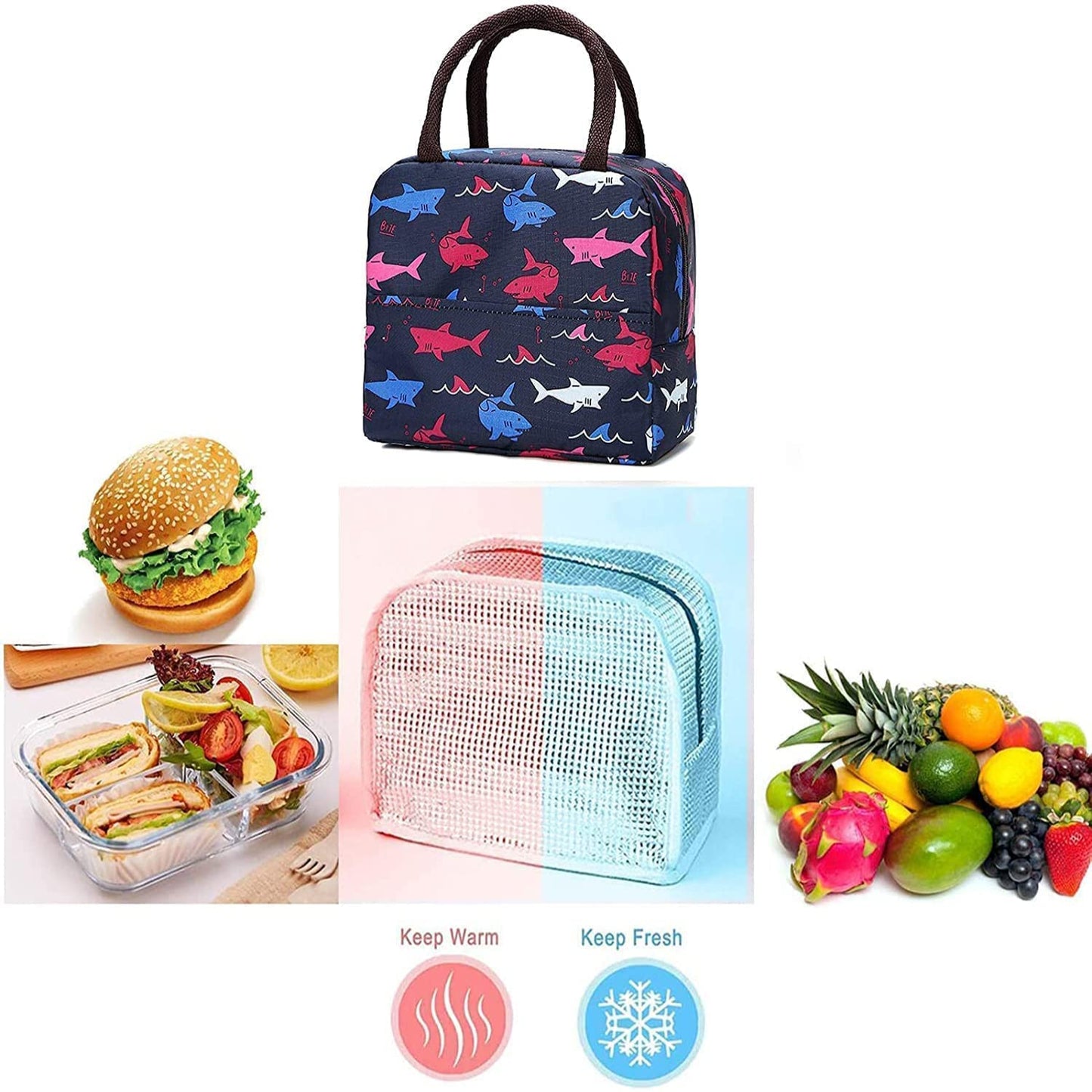 Insulated Lunch Bags For Office, Women, Men & Kids | Portable And Reusable (Blue Shark)