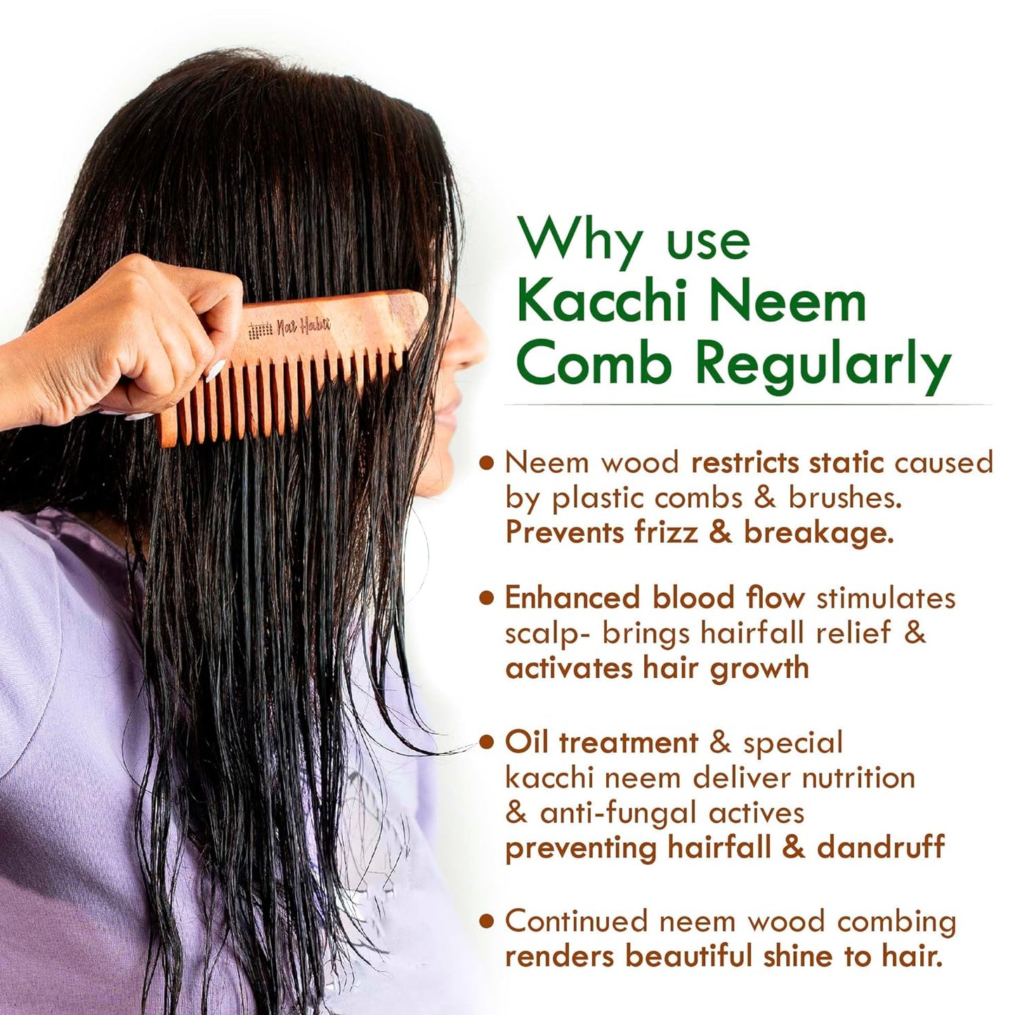 Houme Kacchi Neem Wooden Shampoo Comb -  For Post Shampoo Detangling Suited For Long & Thick Hair