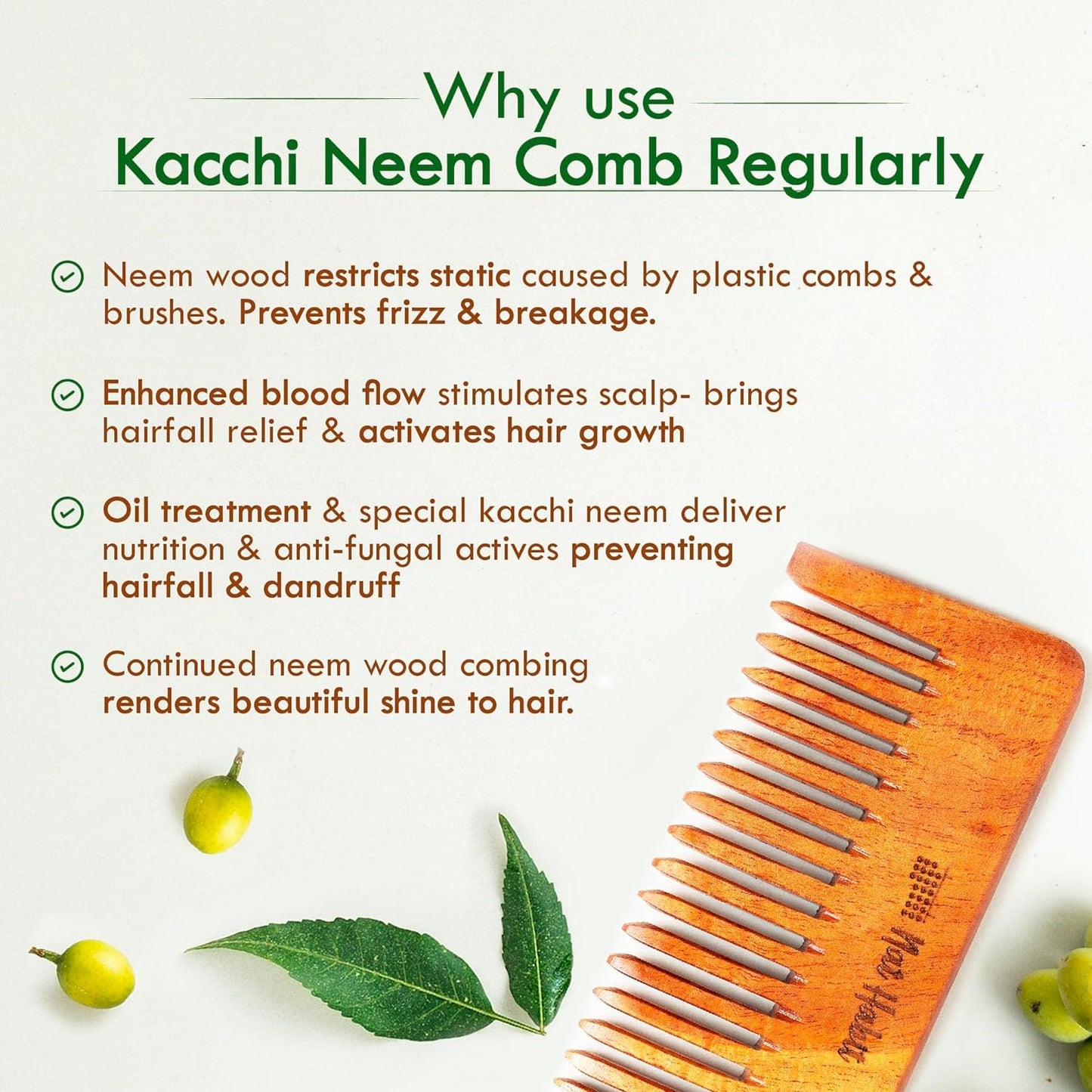 Houme Wooden Neem Hair Comb | Hair Straightening and Frizz Control + Shampoo Comb