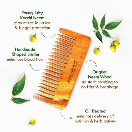Houme Kacchi Neem Wooden Shampoo Comb - For Post Shampoo Detangling Suited For Long & Thick Hair